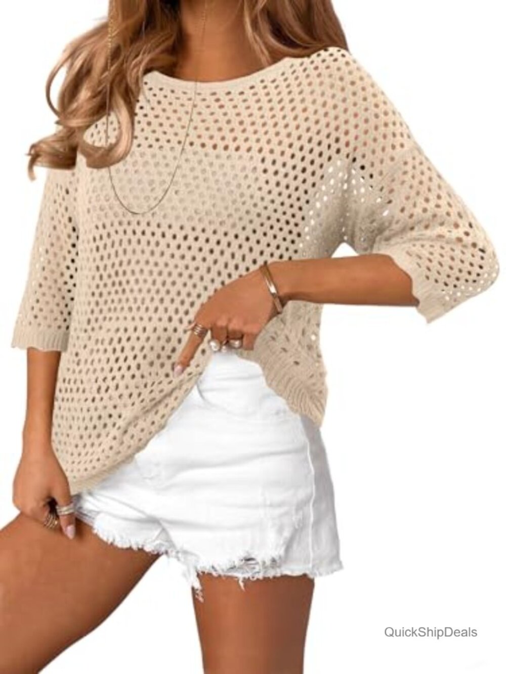 Women's 3/4 Sleeve Hollow Out Pullover Sweater Crochet Beach Cover Up